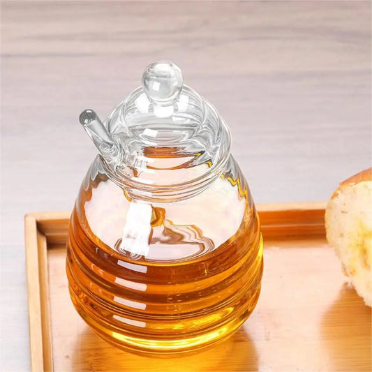 Pot à Miel Transparent en Verre avec Couvercle et Cuillère
